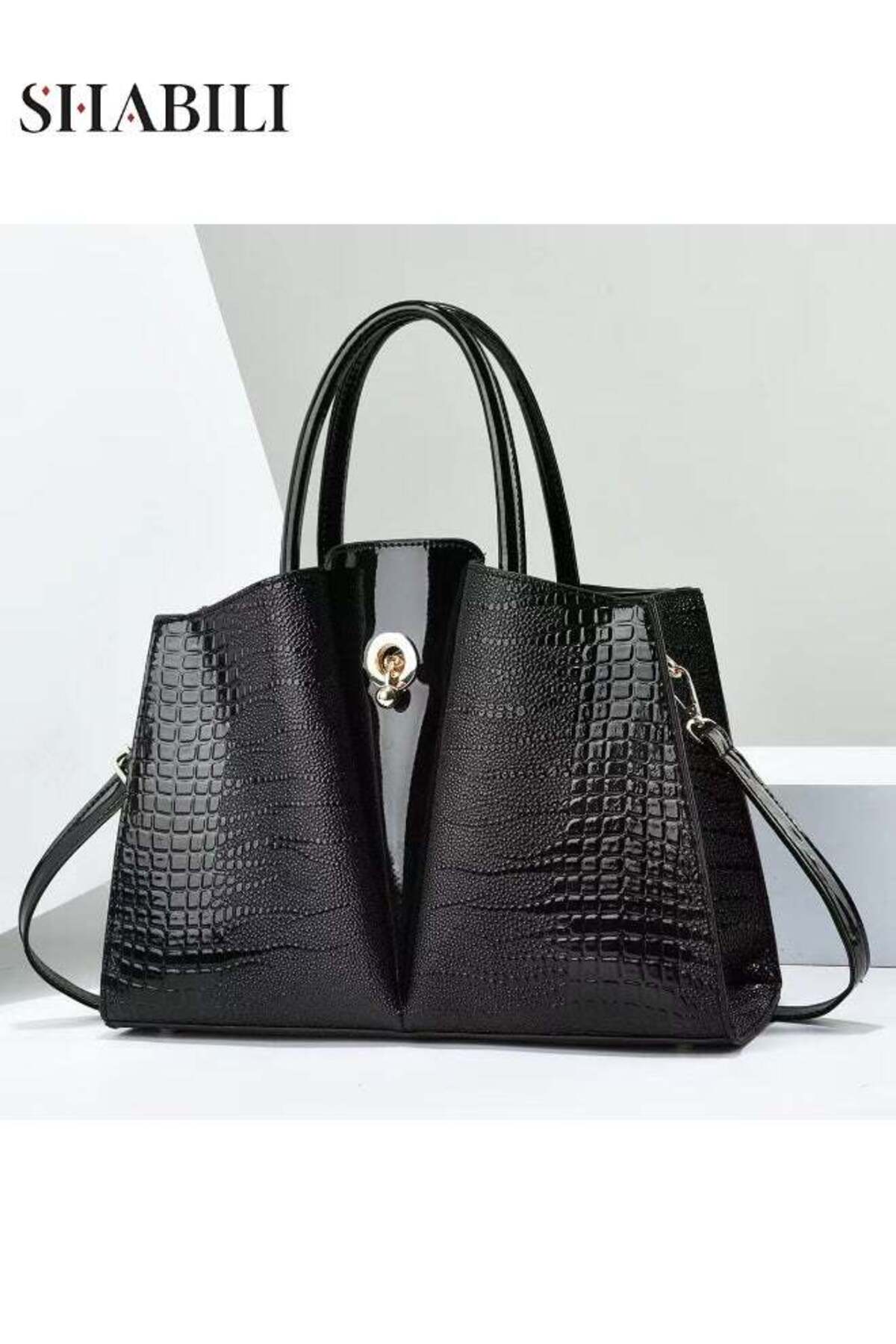 Women PU Large-Capacity Multipocket Croc-Embossed Shoulder Crossbody Tote Satchel Handbag, Ladies Bag Top Handle with Detachable Strap for Teen Youth Casual Party Travel, Cross Bags Style (Bla