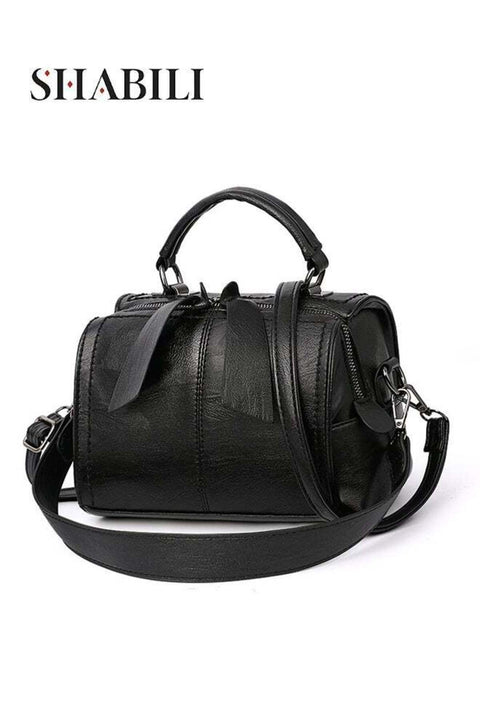 Women PU Shoulder Bag Crossbody Satchel Tote Handbag Barrel Shape with Bow Accent (Black)