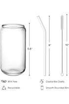 Drinking Glasses with Glass Straw 4pcs Set - 16oz Can Shaped Glass Cups, Beer Glasses, Iced Coffee Glasses, Cute Tumbler Cup, Ideal for Whiskey, Soda, Tea, Water, Gift - 2 Cleaning Brushes