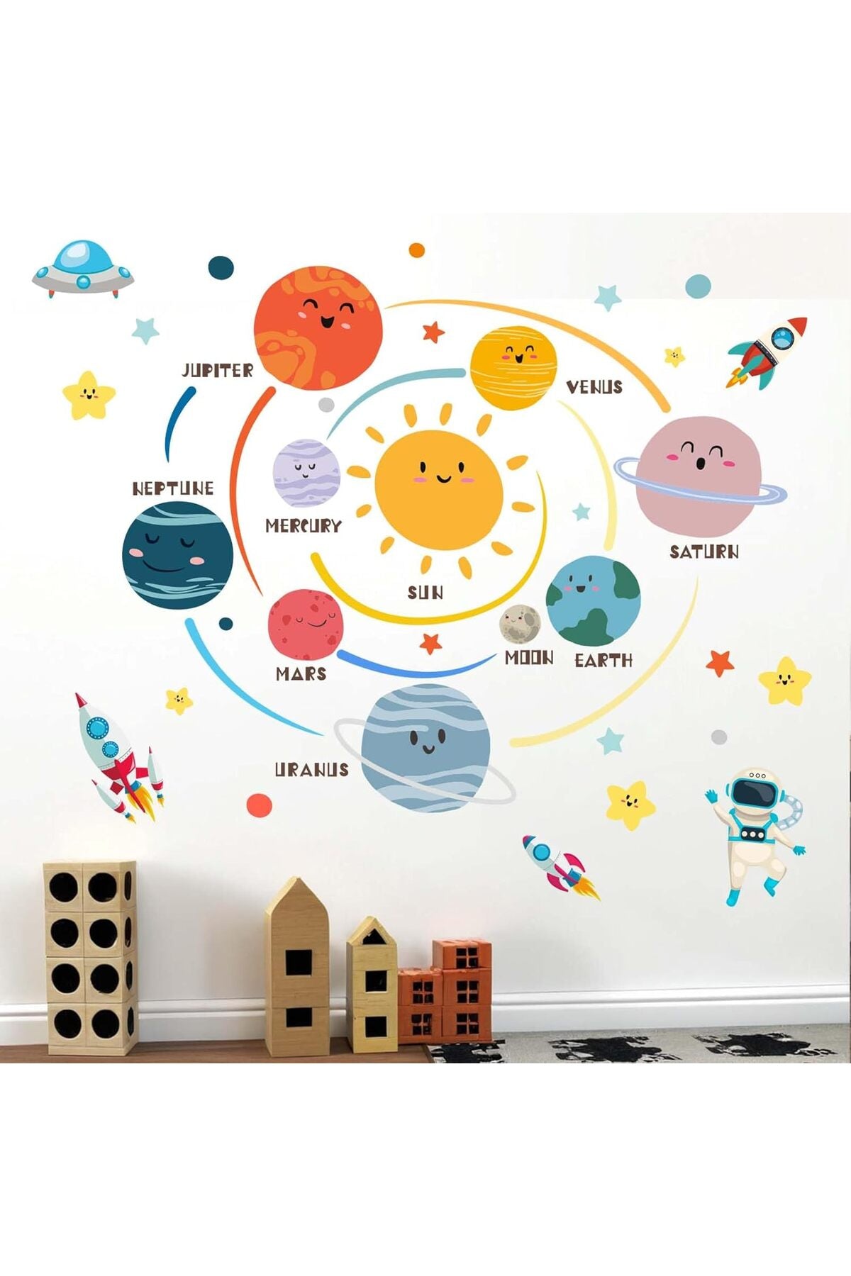 Outer Space Planets Wall Decals - Astronaut Rocket Boys Wall Stickers - Baby Nursery Kids Room Daycare Playroom Wall Decor