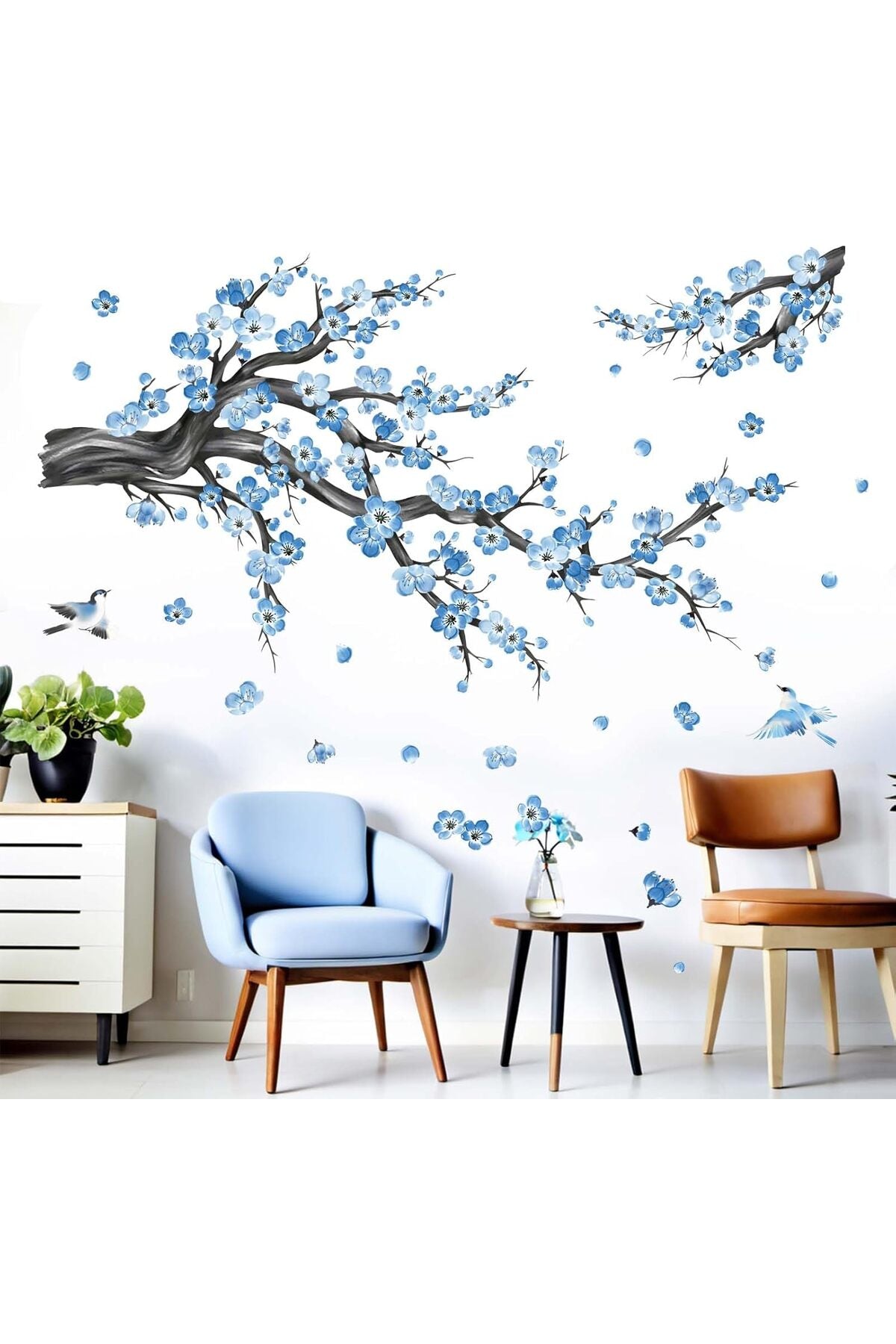 Cherry Blossom Wall Decals for Bedroom: Peel and Stick Flower Bird Blue Floral Tree Branch Wall Stickers - Living Room Office Bathroom Wall Decor