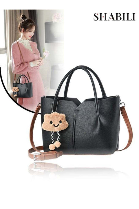 Women Shoulder Bag Crossbody Bag, Ladies Tote Bag Handbag PU Large‑Capacity Multi‑Pocket Plush Bear Pendant