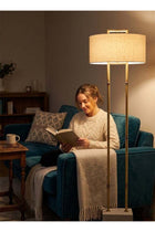 Modern Gold Floor Lamp with Fabric Shade – Elegant Tall Standing Lamp with Sturdy Base, Soft Ambi