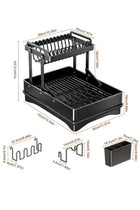Extendable Dish Drying Rack, Stainless Steel Dish Rack with Drainboard, Detachable Kitchen Dish Drainers, 2-Tier Large-Capacity Dish Rack, Dish Racks for Kitchen Counter, Black