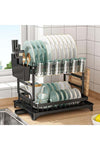 2 Tier Foldable Dish Drying Rack with Utensil Holder & Cutting Board Holder & Drainboard Tray, Rotatable Drainage System Scratch Resistant Frosted Baking Process Coatings, Large Black