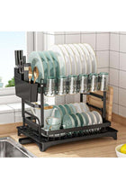 2 Tier Foldable Dish Drying Rack with Utensil Holder & Cutting Board Holder & Drainboard Tray, Rotatable Drainage System Scratch Resistant Frosted Baking Process Coatings, Large Black