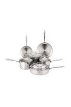 10 Piece Triply Stainless Steel Cookware Set, set includes 1x16cm Saucepan with lid, 1x18cm Saucepan with lid, 1x24cm Casserole with lid, 1x26cm Sautee P an with lid, 1x20cm open Frypan, 1x2