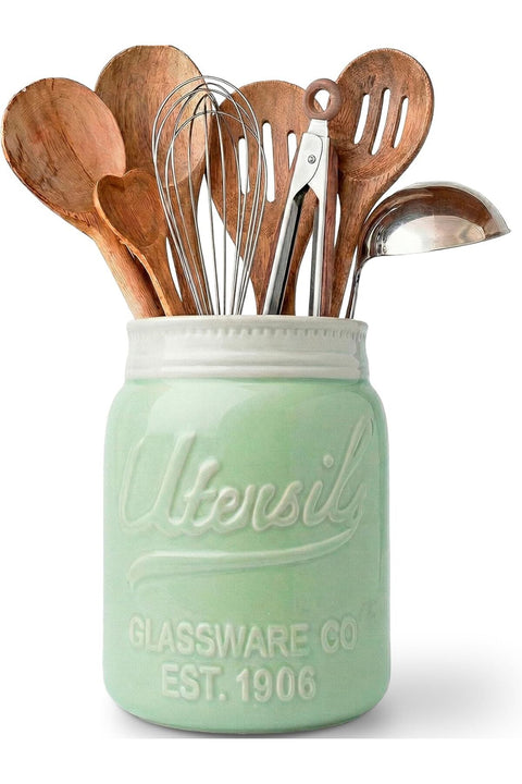Wide Mouth Mason Jar Utensil Holder Decorative Kitchenware Organiser Crock, Chip Resistant Ceramic, Dishwasher Safe - Kitchen Caddy Green, Large Size 18cm High