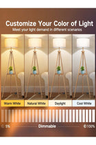 Solid Wooden Tripod Floor Lamp, Bulb Included, Remote Control, Dimmable, Timer, Storage Shelf