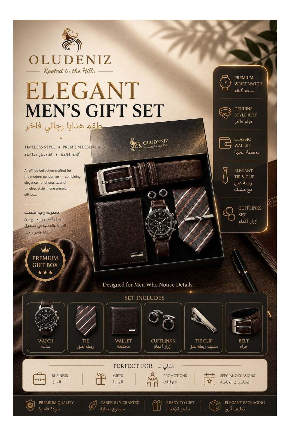 🕴️ Elegant 6-Piece Men’s Business Gift Set – Brown Leather Watch, Belt, Wallet, Tie, Cufflinks & Tie Clip