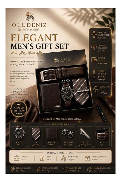 🕴️ Elegant 6-Piece Men’s Business Gift Set – Brown Leather Watch, Belt, Wallet, Tie, Cufflinks & Tie Clip