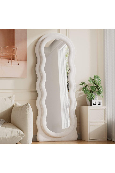 VPHOME Cloud Shaped Wavy Arched Floor Mirror with Flannel Frame, 63"x24" Full Length Freestanding or Wall Mounted Standing Mirror for Bedroom Living Room, White (160x60cm)