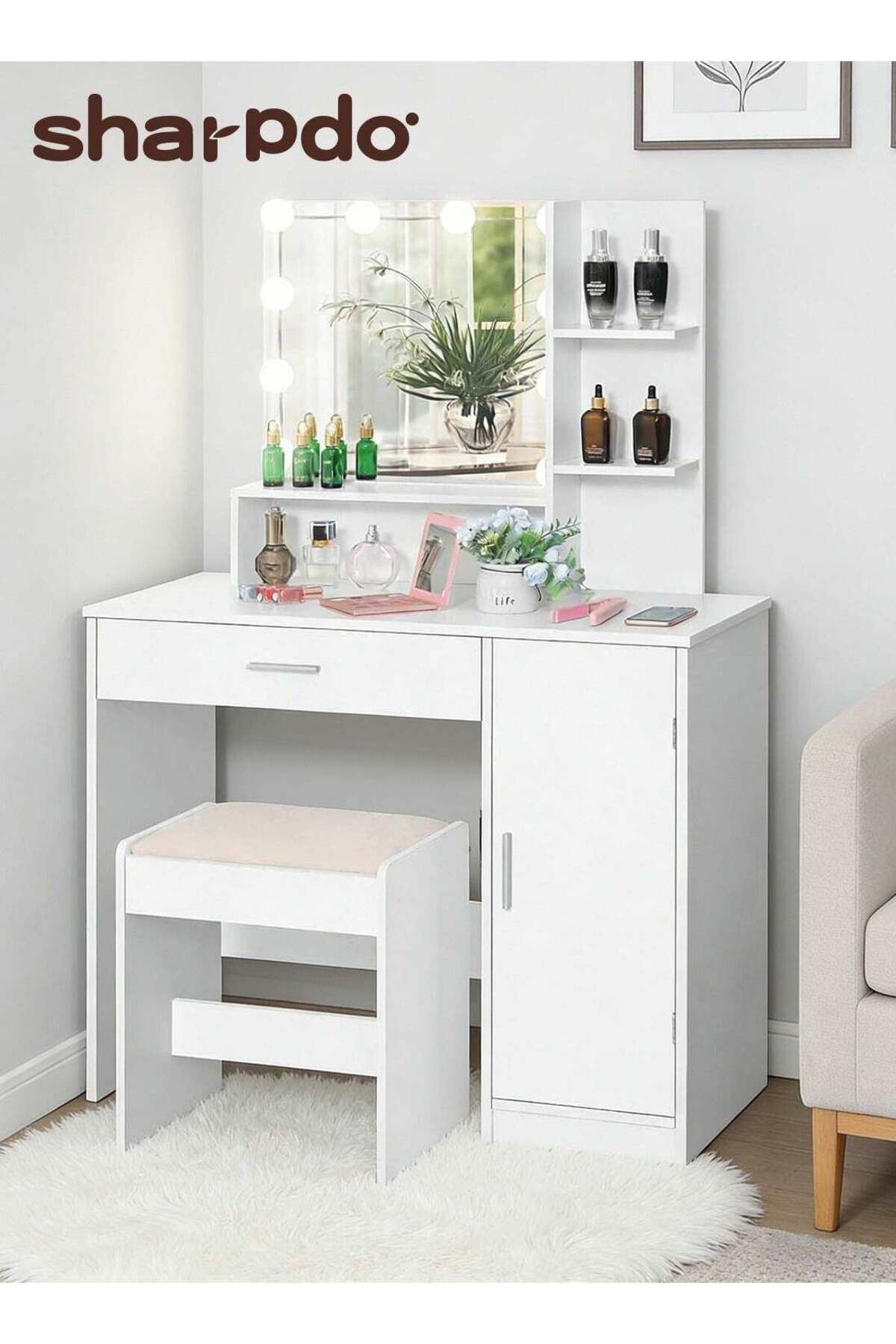 Bedroom Makeup Dressing Table with 1 Drawer, 1 Cabinet and 2 Separate Storage Shelves, 3 Lighting Modes and Adjustable Brightness, 90*40*137CM (Does Not Include Dressing Stool)