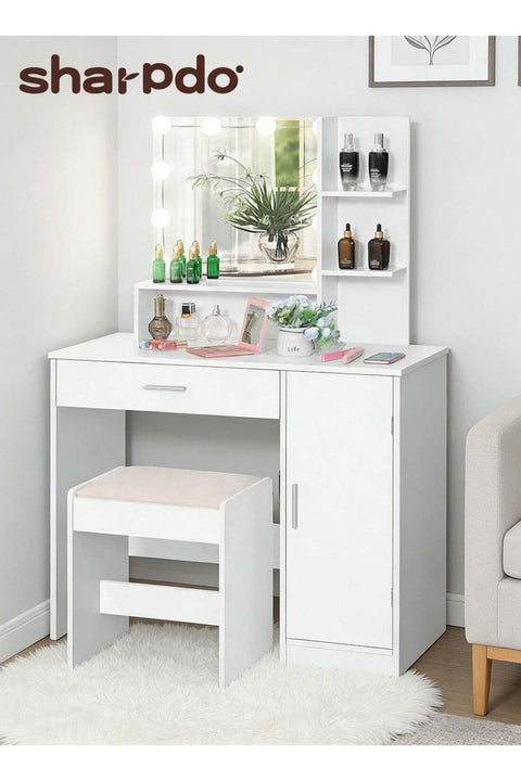 Bedroom Makeup Dressing Table with 1 Drawer, 1 Cabinet and 2 Separate Storage Shelves, 3 Lighting Modes and Adjustable Brightness, 90*40*137CM (Does Not Include Dressing Stool)