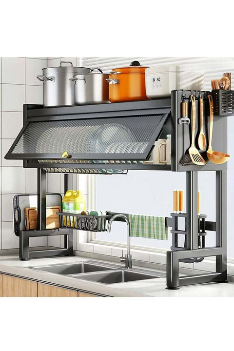 Over The Sink Dish Drying Rack, Large Dish Drying Rack Over The Counter, Dish Drying Rack with Dust-Proof Cabinet, Dish Drainer for Kitchen Sink Shelf with Utensil Holder