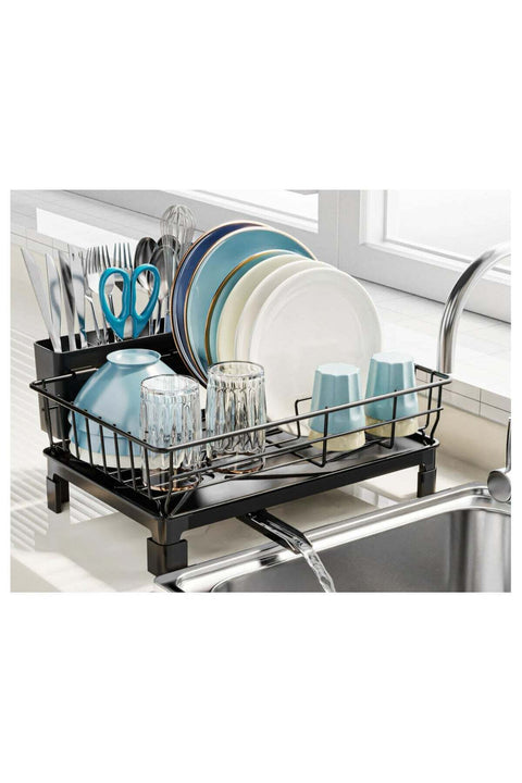 Small Dish Drying Rack in Sink - Kitchen Counter Dish Rack for RV Small Kitchen, 14.9" x 10.1" Dish Drainer with Drainboard, Utensil Holder, Dish Holder for Sink, Black