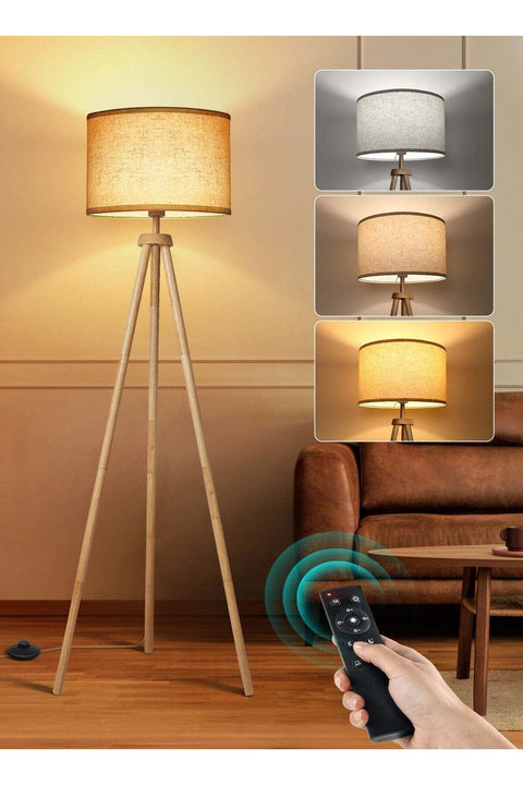 Solid Wooden Tripod Floor Lamp, Standing Lamp with Remote Control, Dimmable & 4 Color Temperatures, 1H Timer, Floor Lamp with Power-off Memory Function Linen Shade for Living Room Bedroom Office