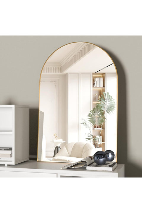 Arched Mirror, 60×90cm Arched Bathroom Mirror, Unique Wall Mounted Mirror, Vanity Mirror for Wall Decor for Living Room, Metal Frame Mirror, Gold