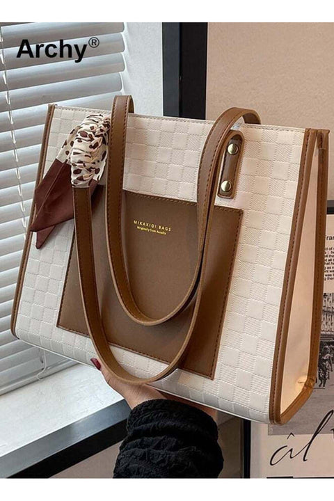 Women's Leather Two-Tone Tote Bag Ladies Geometric & Letter Embossed Twilly Scarf Decor