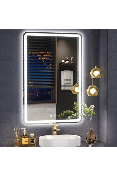 LED Bathroom Mirror Rounded Corner Rectangle Frameless, 3 Colors Lighted & Stepless Dimmable Vanity-Mirror-with-Lights, Anti-Fog, Hanging Wall Mirror (50X70cm)