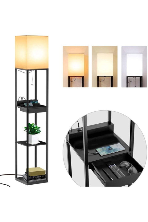 Floor Lamp with Shelves, USB & Type-C Ports, 3 CCT LED Bulb, Corner Display, White Linen Shade