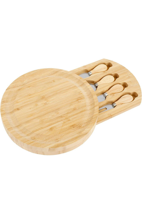 Round Cheese Board with 4 Stainless Steel Knives, Hidden Cutlery Drawer, Bamboo Wood Charcuterie Board