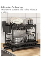2 Tier Foldable Dish Drying Rack with Utensil Holder & Cutting Board Holder & Drainboard Tray, Rotatable Drainage System Scratch Resistant Frosted Baking Process Coatings, Large Black UK86279