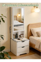 -Long Tall Bedside Mirror Cabinet with Hidden Jewelry Storage, White Narrow Nightstand with Drawers & Open Compartments, Multi-Purpose Dresser Organizer for Bedroom, Small Space Friendly Vanit