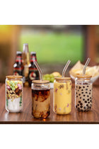 HOOJO Drinking Glasses with Bamboo Lids and Glass Straw 4pcs Set - 16oz Can Shaped Glass Cups, Iced Coffee Glasses, Cute Tumbler Cup, Ideal for Mocktails & Cocktails, Gift - 2 Cleaning Brushes (4)