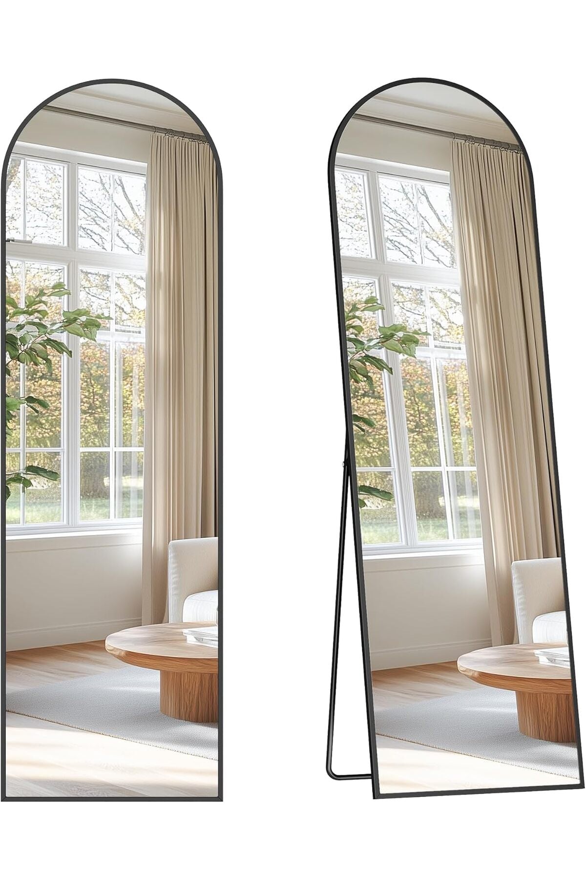 Full Length Mirror, 150 x 40 cm, Arched Full Body Mirror with Stand, Aluminium Alloy Frame, Tempered Glass, for Bedroom, Living Room, Cloakroom, Ink Black LFM035B01