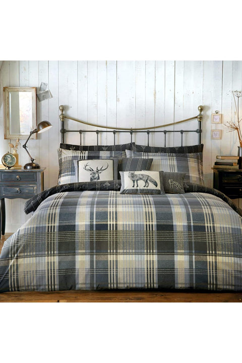 Dreams & Drapes - Charcoal Grey Checkered Deer Duvet Cover - Single Bedding Size