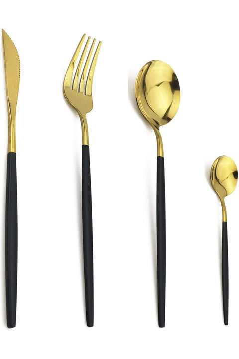 24 Piece Cutlery Set, 18/0 Stainless Steel Knife, Fork, Spoon, Teaspoon, Cutlery Set, Service for 6 People Black/Gold