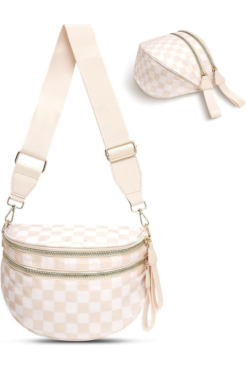 Checkered Crossbody Bag for Women - Water-Resistant Nylon Bum Bag with Adjustable Wide Strap, Double Zipper Compartments, Spacious Sling Purse & Fanny Pack