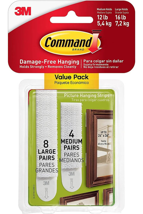 Picture Medium and Large Hanging Strips (8*2L + 4*2M) White color, 12 pairs/pack | Holds 7.2 kg