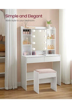 Dressing Table with LED Lights, 9 Bulbs, 3 Light Colours, Adjustable Brightness, Vanity Desk with Mirror, Adjustable Shelves, 2 Drawers, Makeup Desk, Modern White