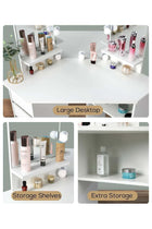 Vanity Desk Makeup Vanity Table with 10 LED Light Bulbs,Corner Dressing Table with Mirror and Stool, Bedside Table Vanity Set with 5 Sliding Drawers for Women Girls Bedroom