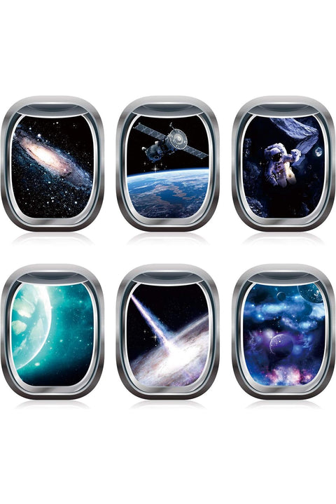 6 Pieces 3D Space Capsule Window Wall Decal Outer Space Wall Stickers Spacecraft Astronaut Wall Mural Poster for Kids Nursery Bedroom Home Decoration, 11 x 15 Inches
