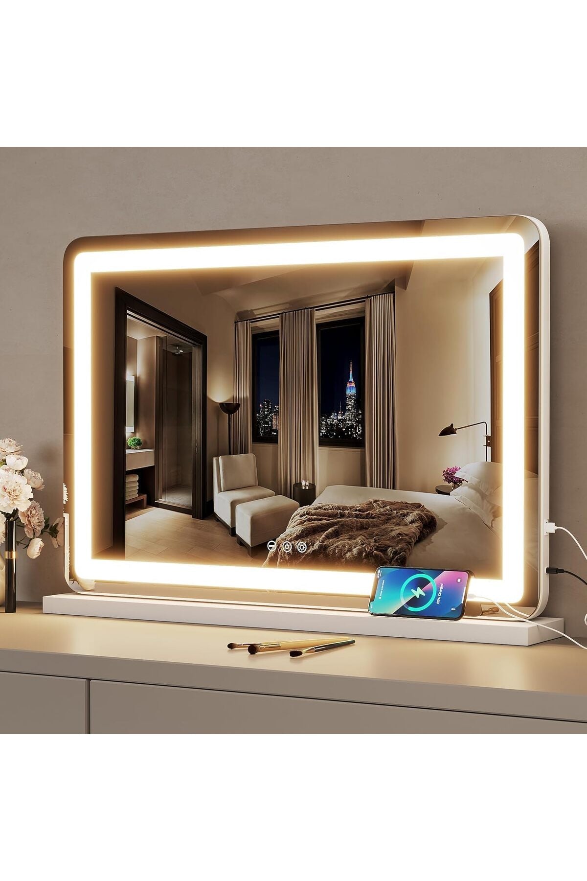 58 x 48cm Vanity Mirror with Lights, Large Smart Makeup Mirror with LED, Dimmable 3-Color Light, USB Charging Port and Magnifying Glass
