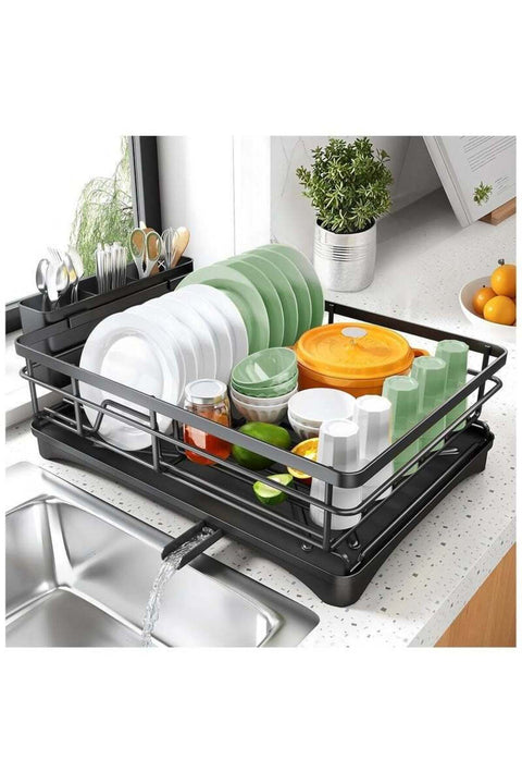 Dish Drying Rack - Stainless Steel Dish Rack for Kitchen Counter, Large-Capacity Dish Drainer with Cutlery Holder, Kitchen Organizer for Dishes, Spoons and Forks, Black