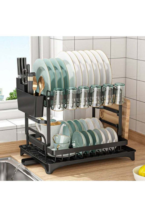 Dish Drying Dish Rack Drain Rack Drying Stand Wrought Iron Double-Layer Dish Rack Kitchen Rack for Bowls & Chopsticks Kitchen Counter 2 Tier Dish Sponge Holder Cup Holder Utensil (Black)