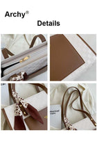 Women's Leather Two-Tone Tote Bag Ladies Geometric & Letter Embossed Twilly Scarf Decor