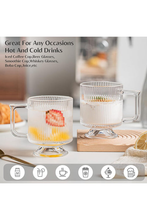 Ribbed Glass Coffee Mug Set, 10 oz Clear Glass Cups with Handle, Modern Vertical Stripe Design (4 PCS)
