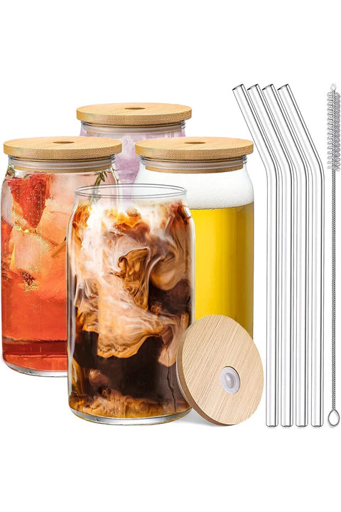 4Pcs Drinking Glasses with Bamboo Lids and Glass Straw Set, 16oz Can Shaped Cups