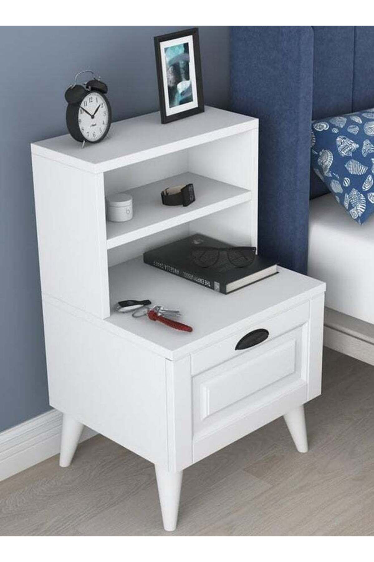 Bedside Table Night Stand with 2 Shelves and Membrane Drawer, White