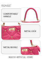 Fashionable Quilted Crossbody Bag Womens Metallic Studded Decor Handbag Twist Lock Satchel Bag