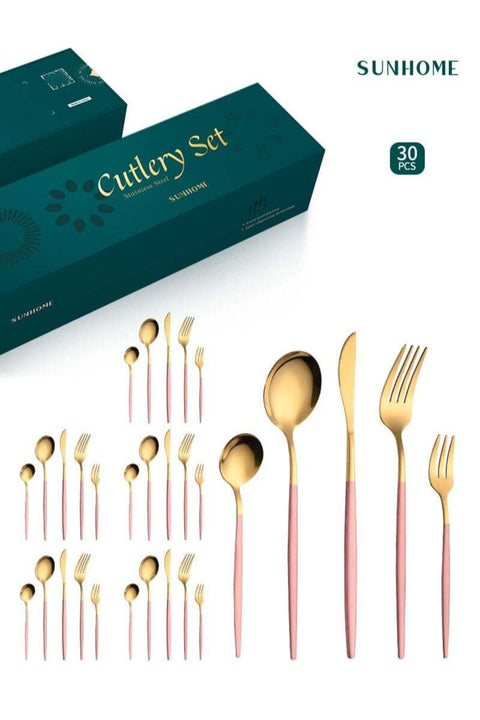 30-Piece Stainless Steel Cutlery Set Kitchen Utensil Set Western Tableware Pink/Gold