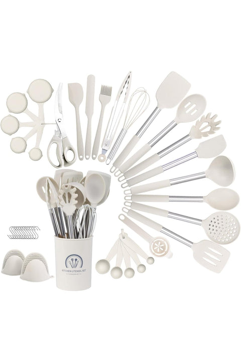 Kitchen Cooking Utensils Set, 40pcs Non-Stick Silicone Spatula Set with Holder (White)