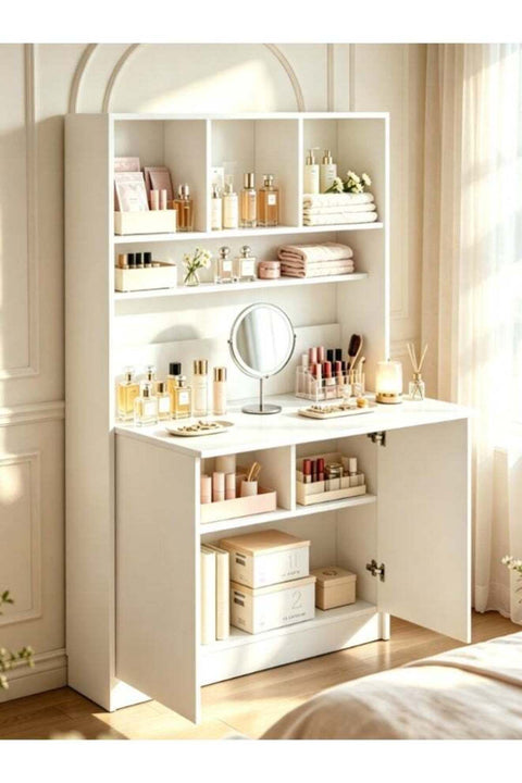 -Long Multi-Function Fold Down Desk, Hidden Floating Vanity Dressing Table with Open Shelves & Storage Cabinet, Space Saving Wall Writing & Makeup Console for Apartment (YN145)