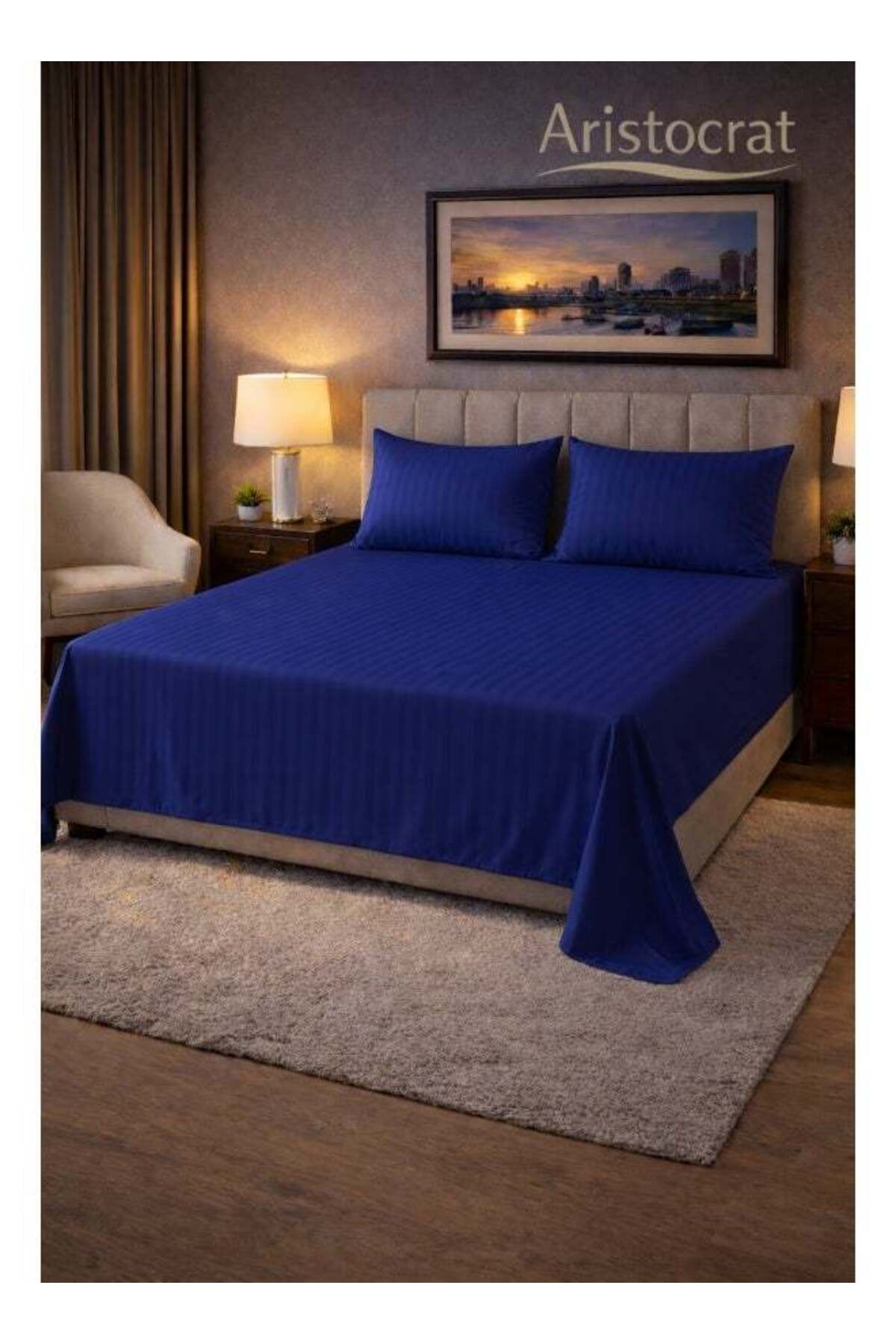 3‑Piece Striped Microfiber Flat Bed Sheet Set, Queen/King, 220x240cm, Royal Blue