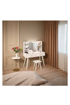 Bedroom Dresser and Stool Set, White Makeup Vanity Table for Girls with LED Light Mirror + 2 Drawers & Storage Shelves, 3 Light Modes Adjustable Brightness Dressing Desk